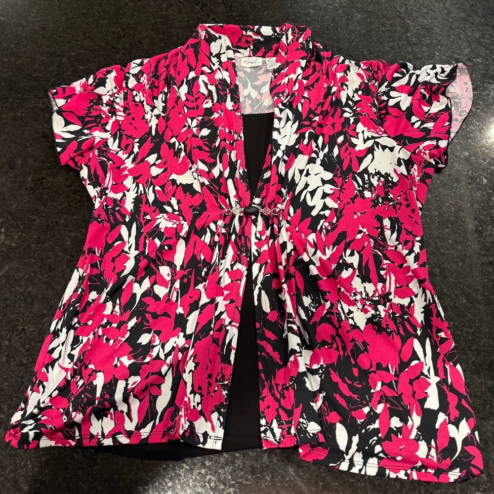 Kim Rogers xl womens  pink floral dress shirt bead waist black inside lining